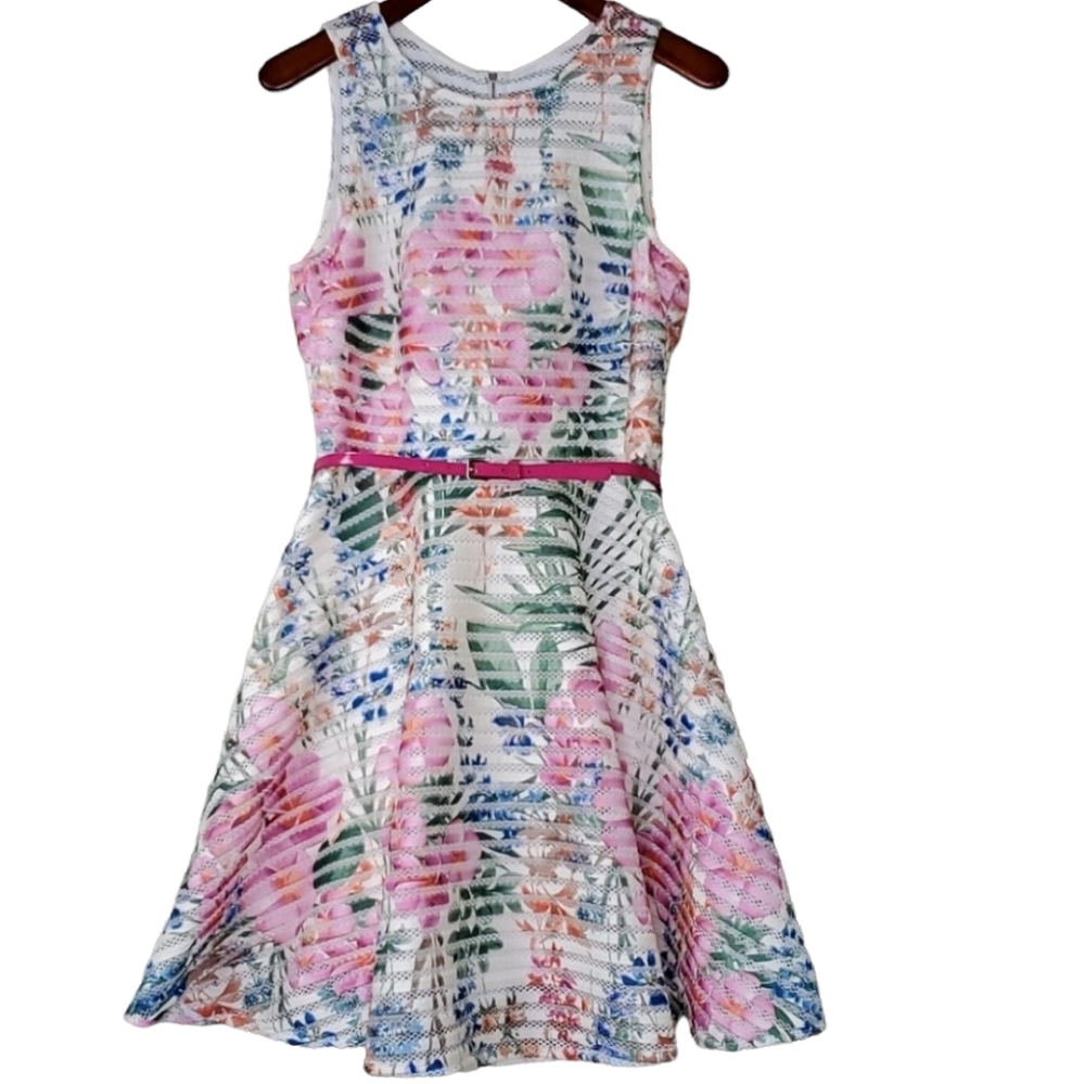 J. Taylor White Netted Floral A-line Belted Dress